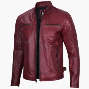 Men Maroon Cafe Racer Leather Jacket