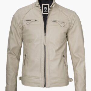 Diamond One Beige Leather Trucker Jacket