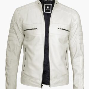 Men Cafe Racer White Leather Jacket