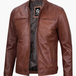 Men Dodge Cognac Biker Leather Jacket
