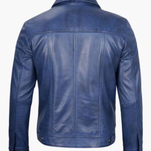 Mens Blue Leather Trucker Jacket