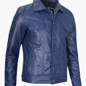 Mens Blue Leather Trucker Jackets In USA