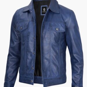 Mens Blue Real Trucker Leather Jacket