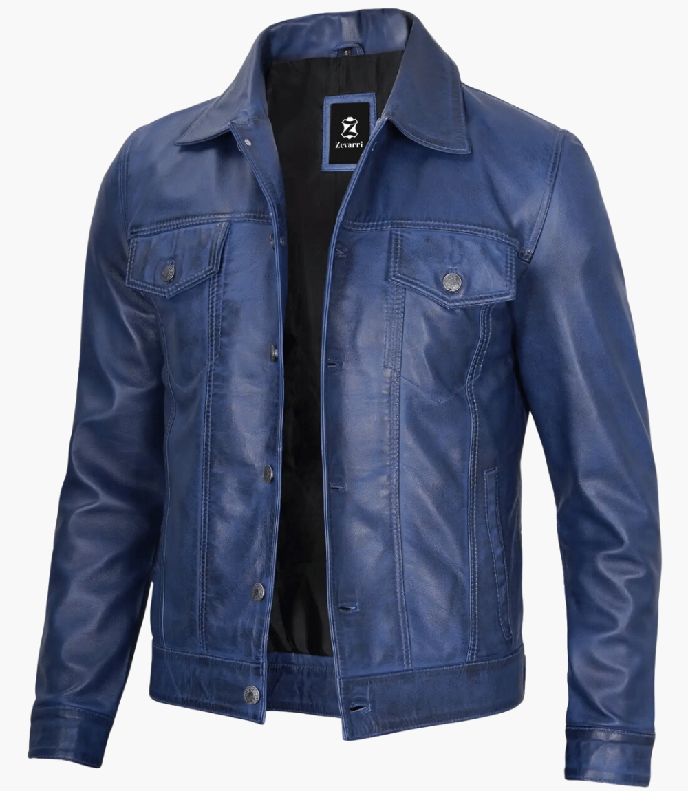Mens Blue Real Trucker Leather Jacket