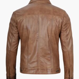 Mens Camel Brown Leather Trucker Jacket