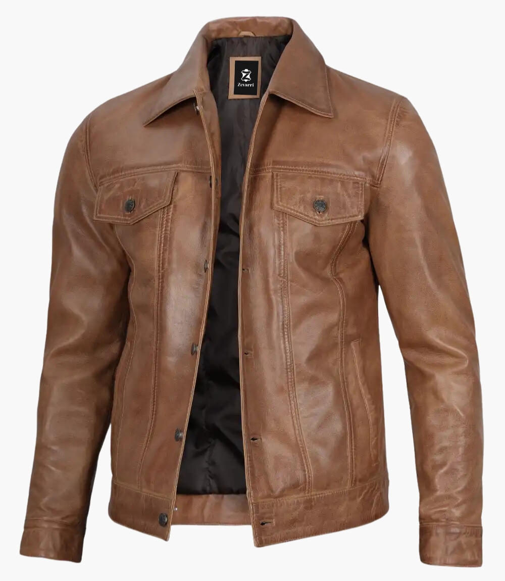Mens Light Brown Trucker Leather Jacket