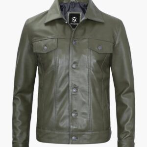 Mens Military Green Leather Trucker Jacket