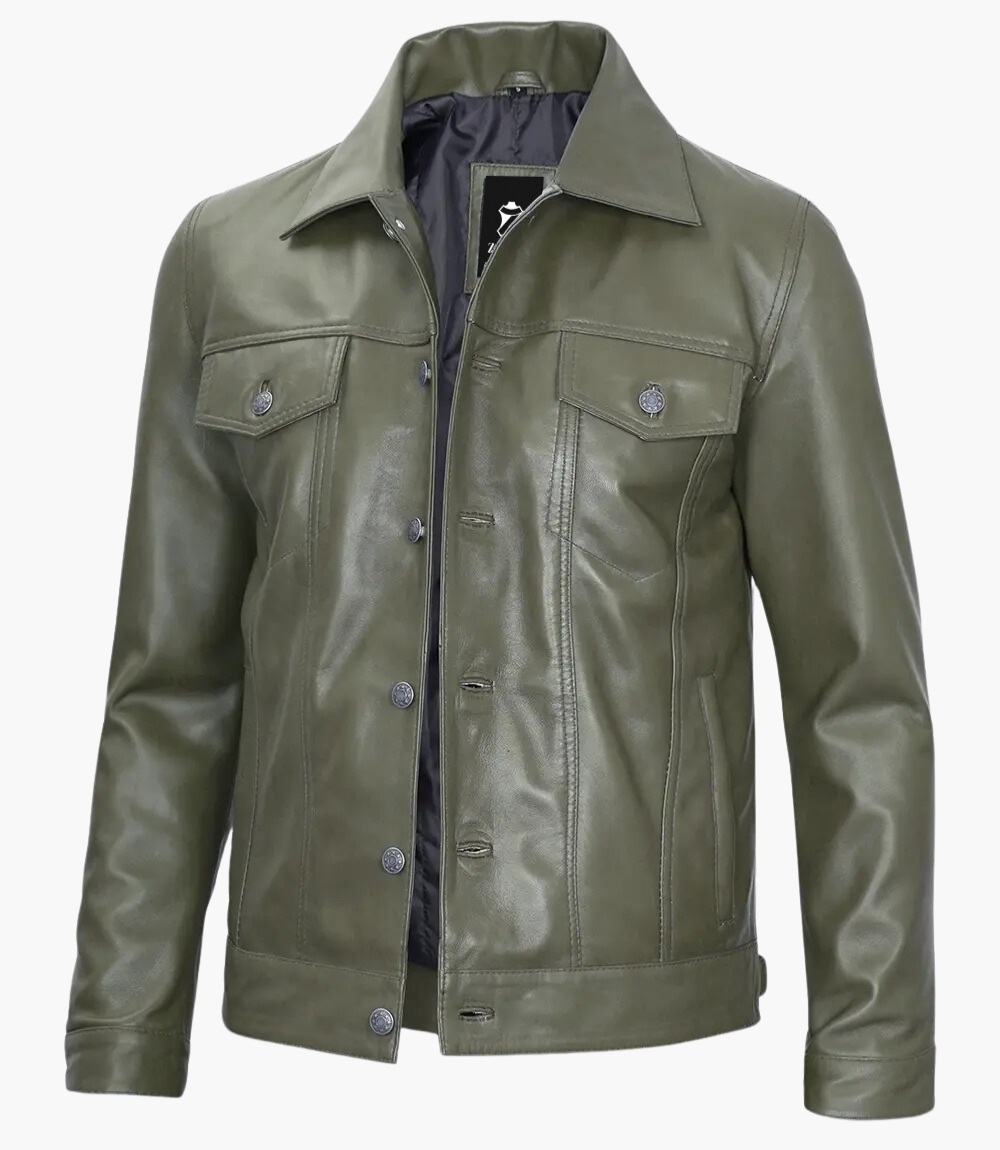 Mens Military Green Trucker Leather Jacket