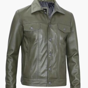 Military Green Trucker Leather Jacket