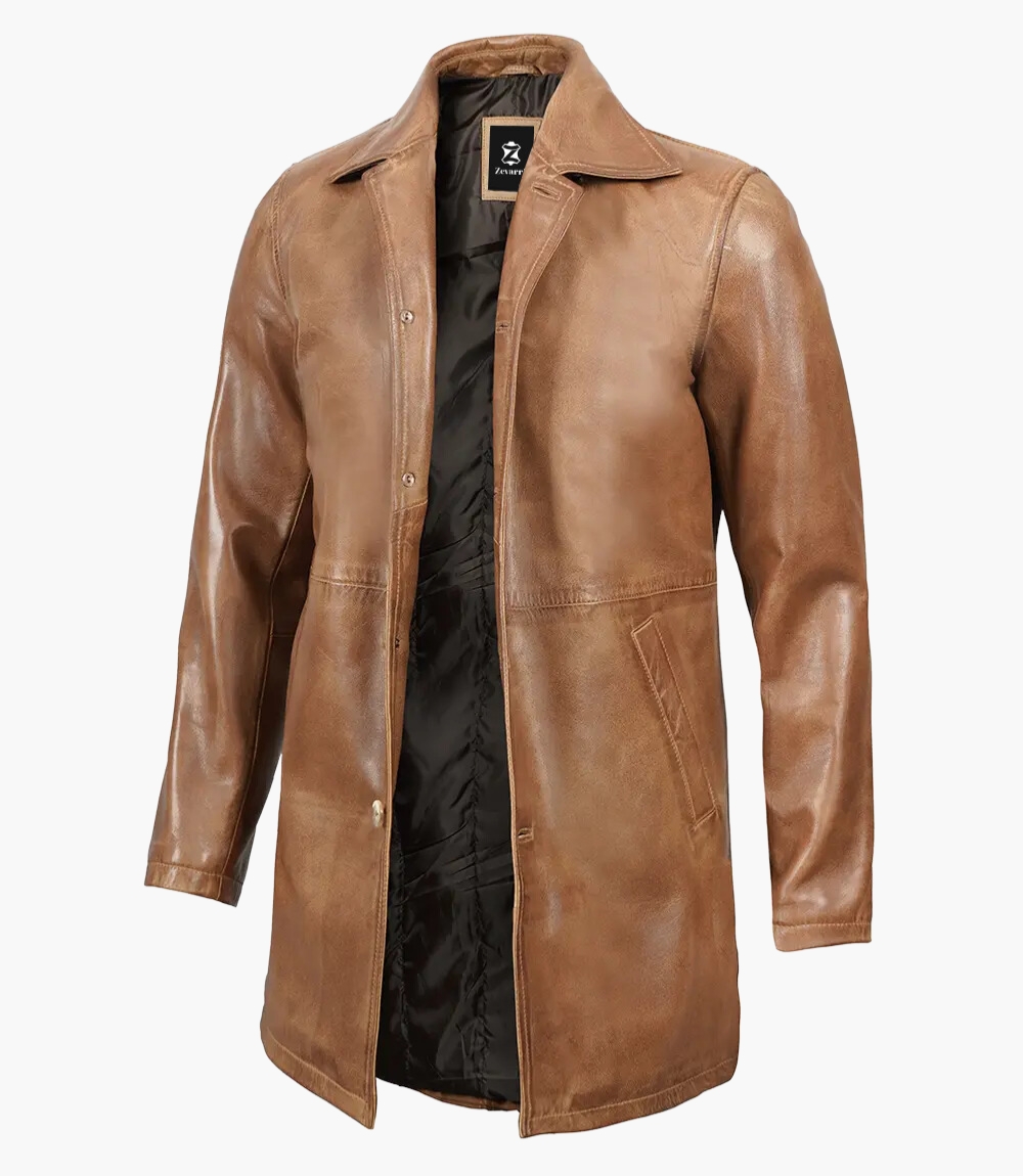 Santiago Men Light Brown Leather Car Coat