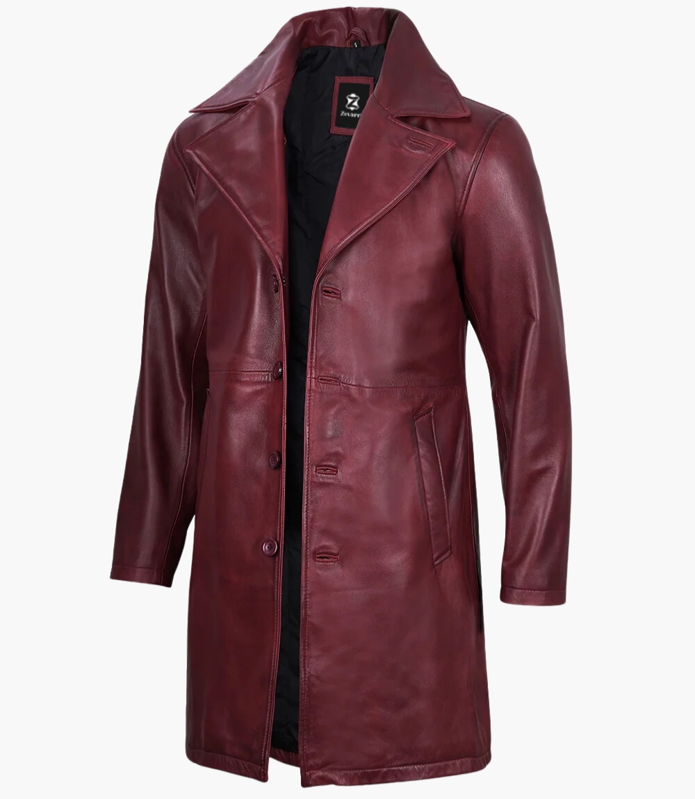Santiago Men Maroon Leather Car Coat