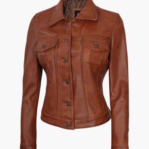 Cognac Brown Trucker Leather Jacket In Florida