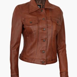 Cognac Brown Trucker Leather Jacket In Florida